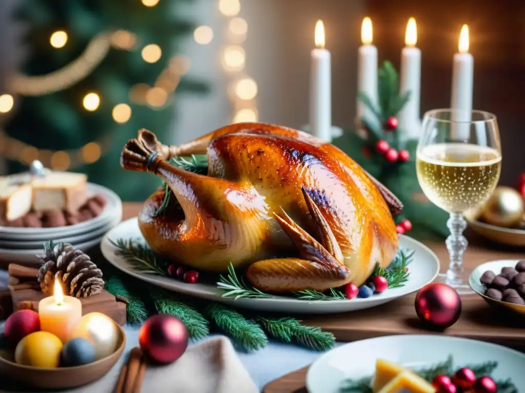 Una mesa de Navidad sin gluten repleta de delicias festivas, como pavo asado, postres decadentes y sidra espumosa