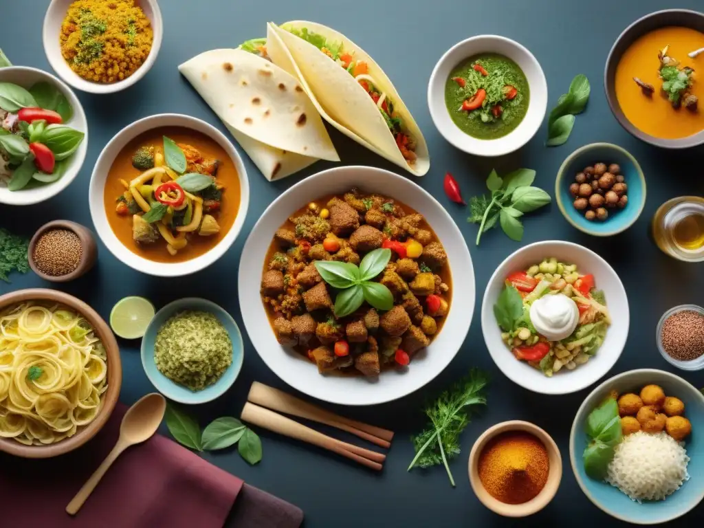 Una mesa con platos internacionales sin gluten: curry tailandés, pasta italiana, taco mexicano, curry indio y ensalada griega