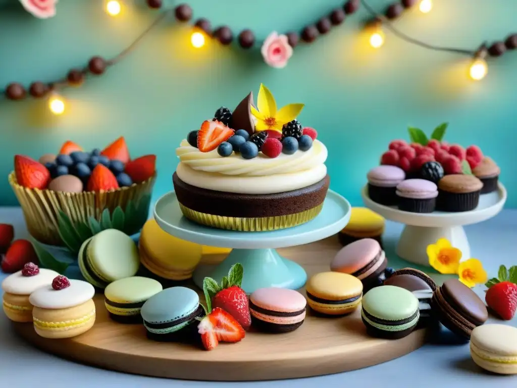 Una mesa de postres creativos sin gluten, con cupcakes, brownies, tarta de frutas y macarons, decorada con bayas y flores