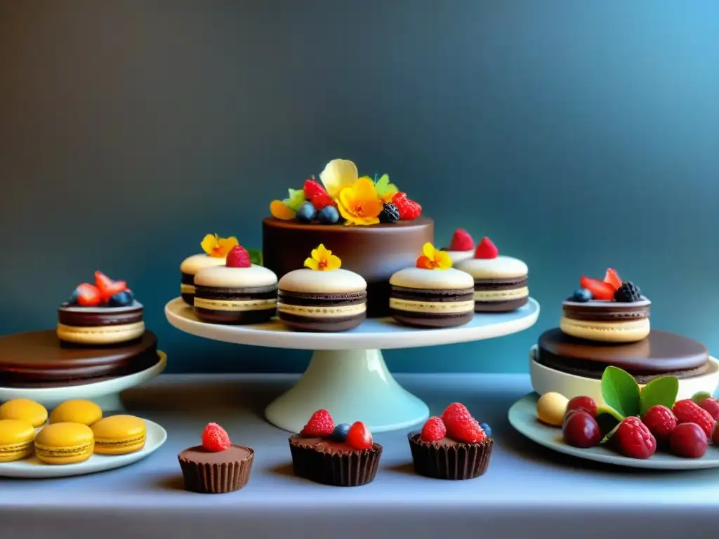 Una mesa de postres elegante con delicias FODMAP bajos en gluten: tartas, macarons, cheesecakes y más, decorados con frutas y flores