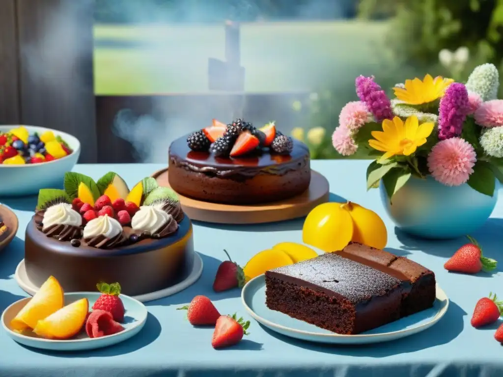 Una mesa de postres sin gluten en una barbacoa veraniega con pastel de chocolate, ensalada de frutas y brownies