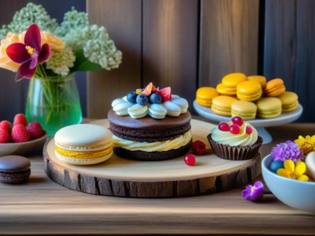 Una mesa de postres sin gluten con cupcakes de chocolate, macarons frutales y cheesecakes decorados, todo en un hermoso ambiente rústico