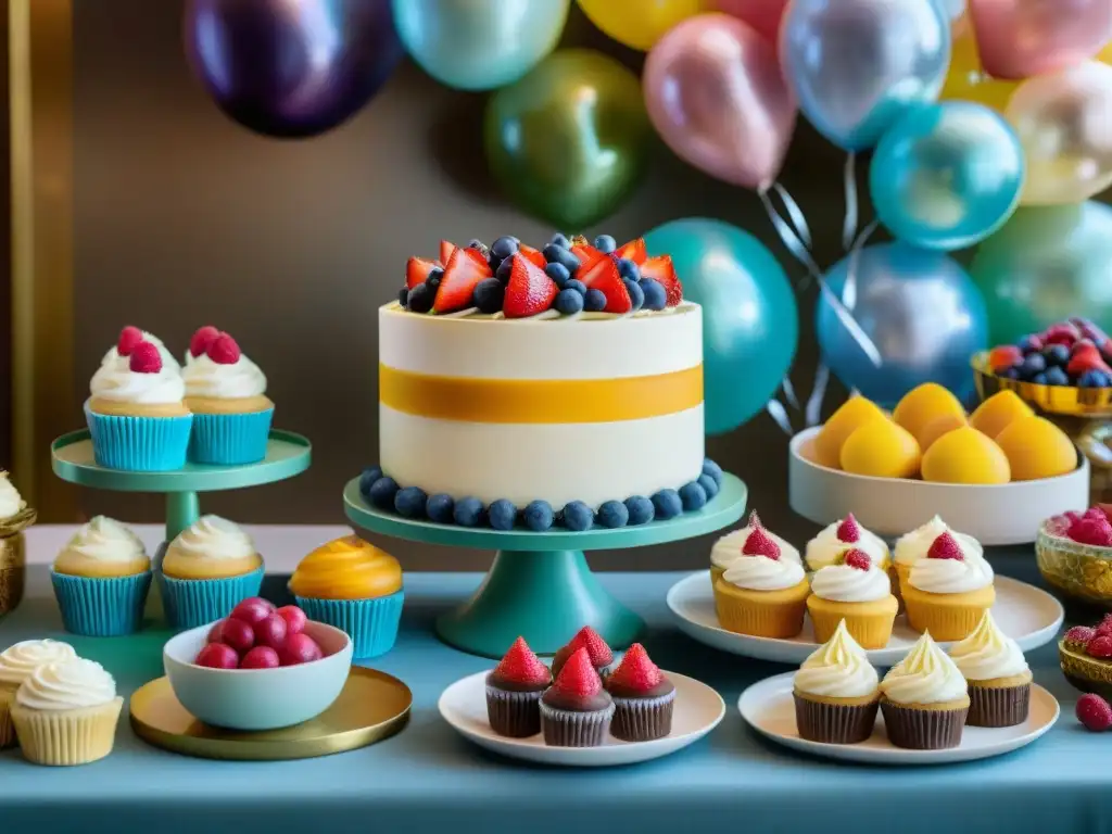 Una mesa de postres sin gluten, colorida y detallada, ideal para ideas de aniversario sin gluten