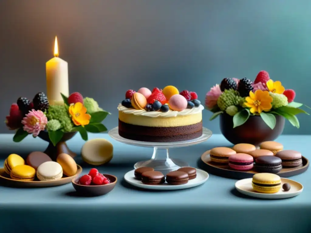 Una mesa de postres sin gluten deliciosos: tortas de chocolate, macarons, tartas de frutas y cheesecakes, decorada con elegancia y detalle