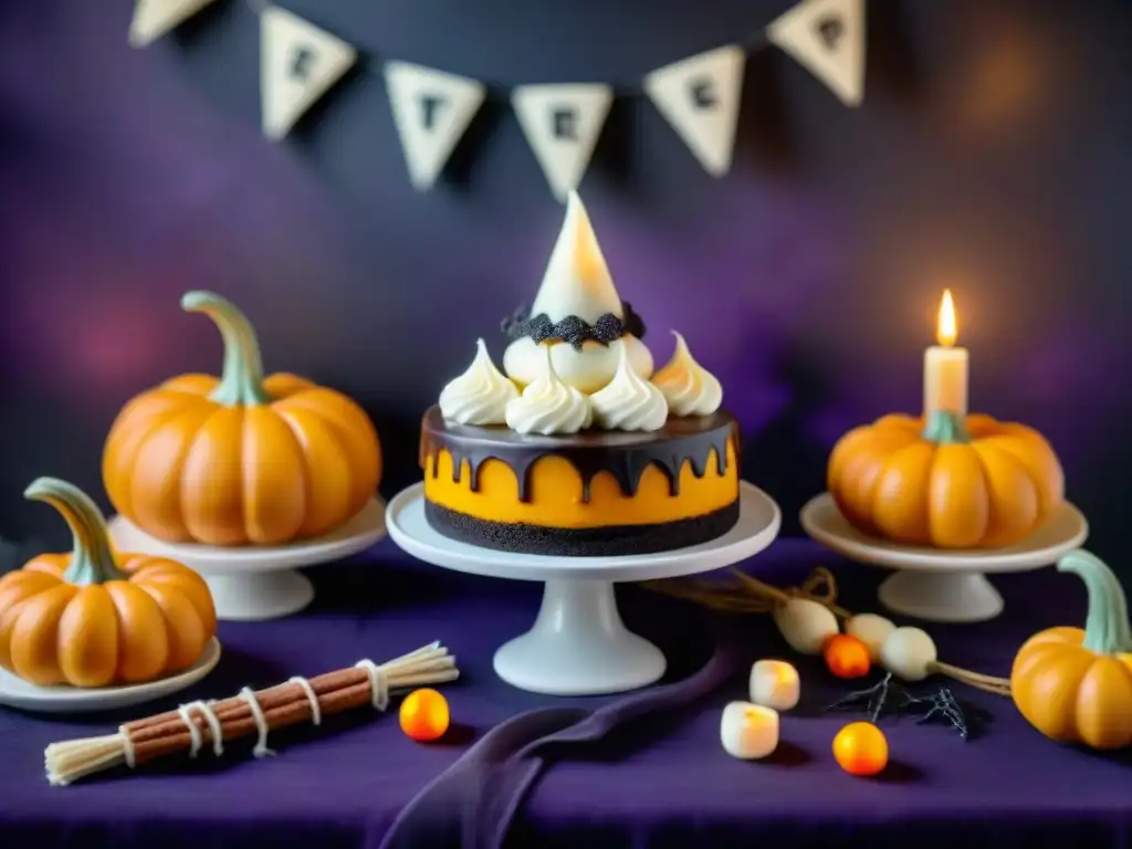 Una mesa de postres de Halloween sin gluten, con dulces temáticos de fantasmas, calabazas y brujas, creando un ambiente festivo y misterioso