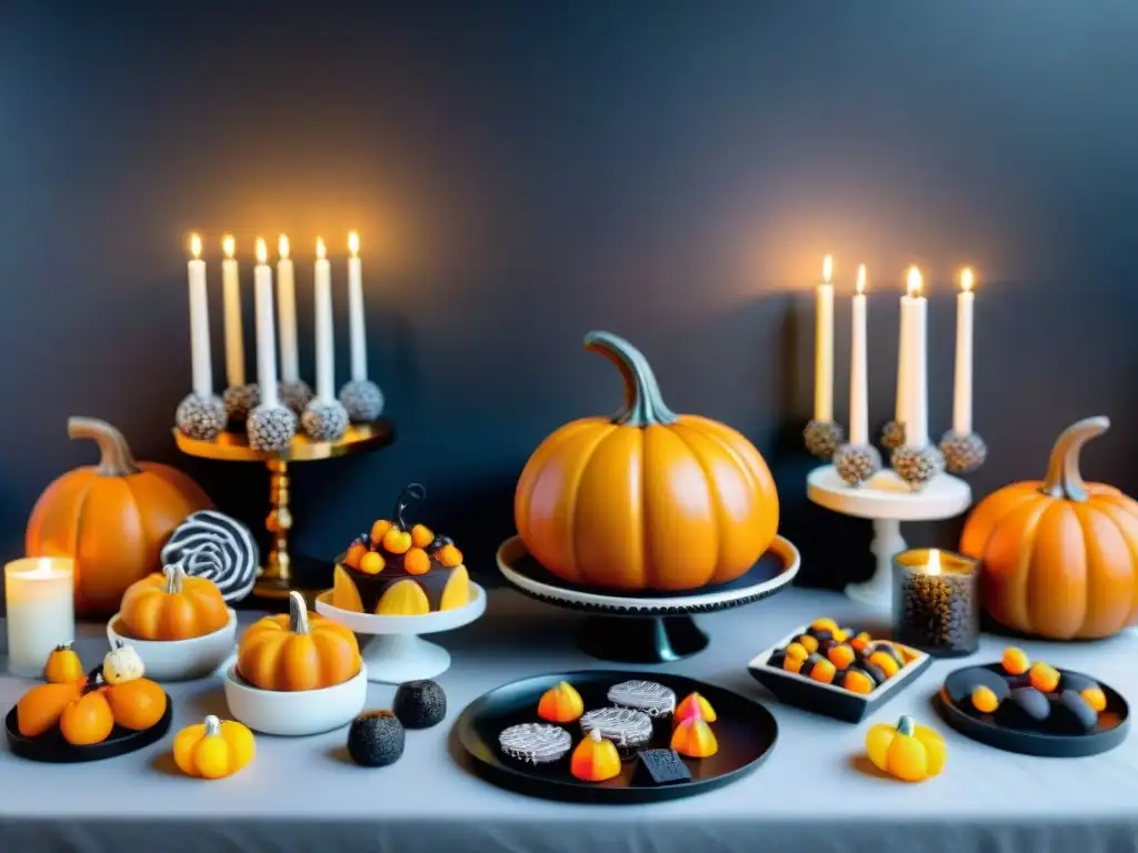 Una mesa de postres de Halloween sin gluten con dulces variados y decoraciones festivas