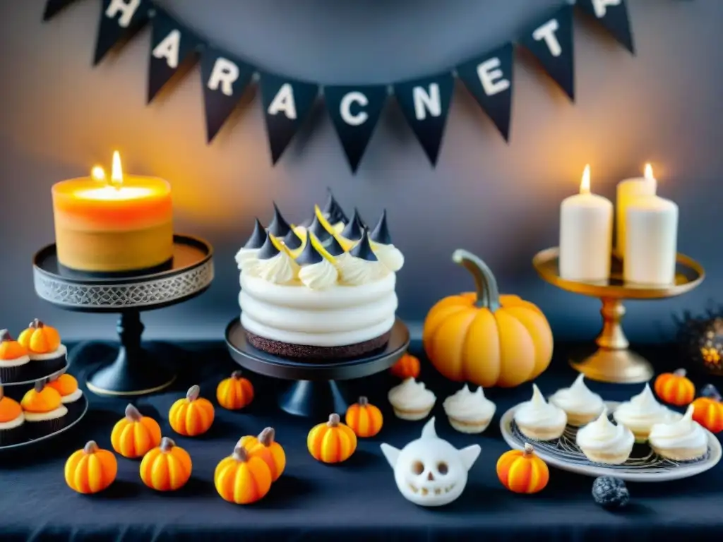 Una mesa de postres de Halloween sin gluten, con dulces variados en forma de fantasmas, calabazas y telarañas, creando un ambiente festivo y deliciosamente escalofriante