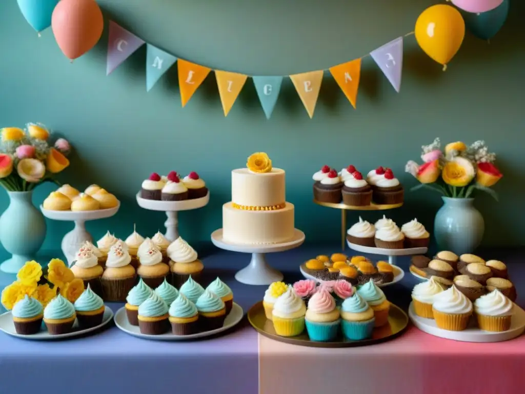 Una mesa de postres sin gluten en fiesta, con cupcakes, galletas y pasteles coloridos y creativos