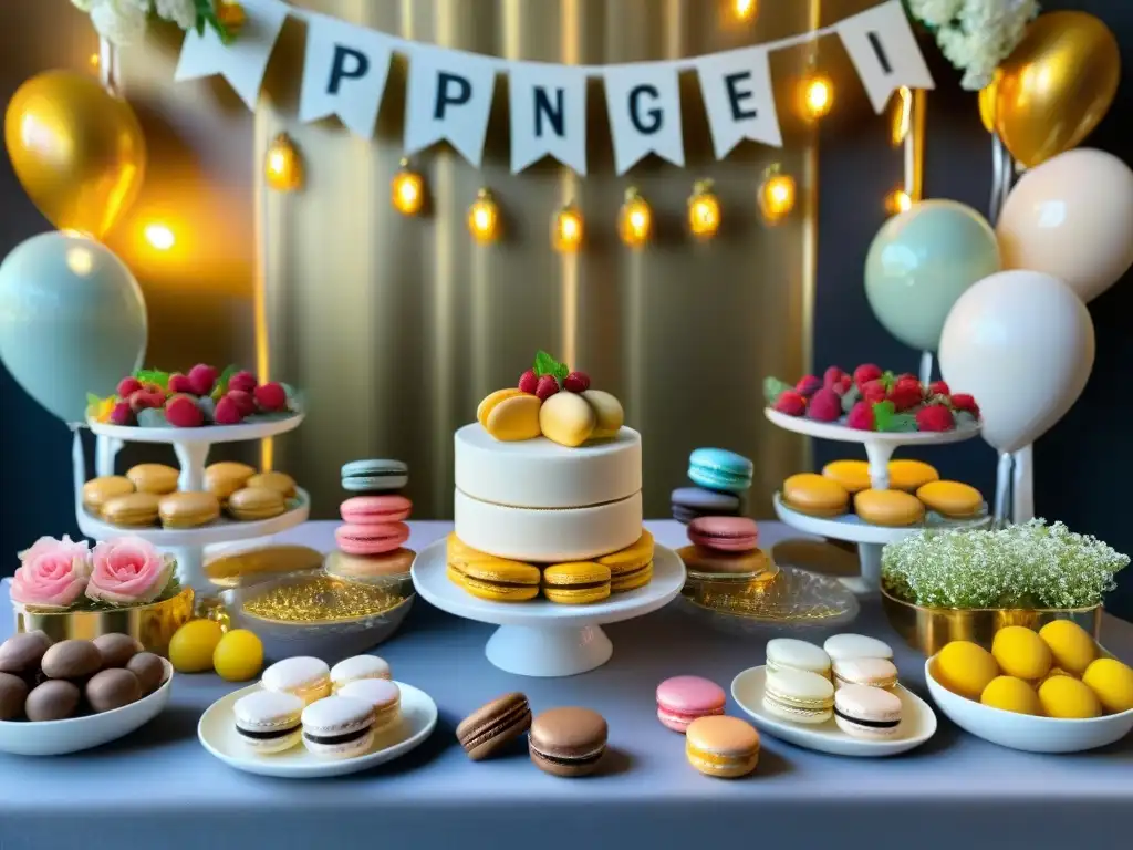 Una mesa de postres sin gluten para fiestas, llena de macarons, cupcakes y tartaletas de frutas, decorada con flores frescas y luces brillantes