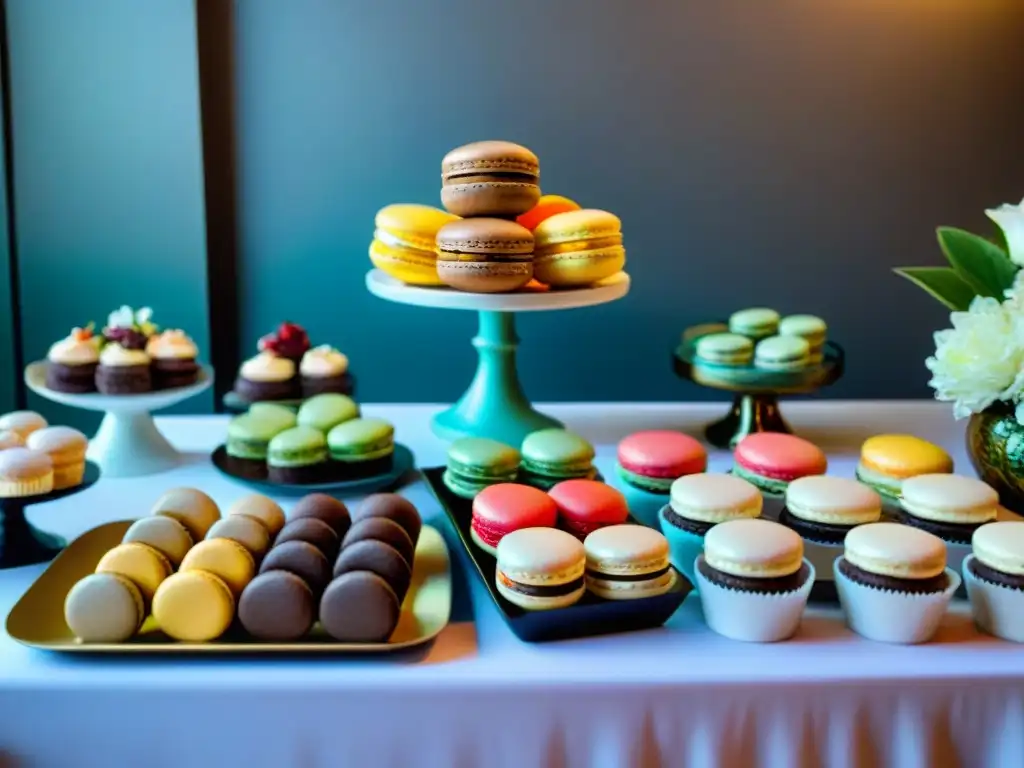 Una mesa de postres sin gluten innovadora en fiesta, con macarons coloridos, cupcakes decadentes y pasteles delicados