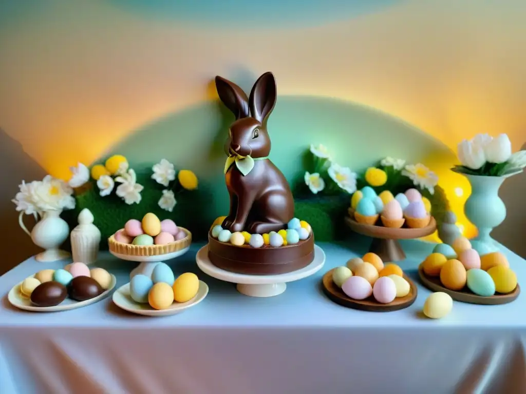 Una mesa de postres de Pascua sin gluten con huevos de chocolate, pasteles y golosinas, decorada con flores y conejitos