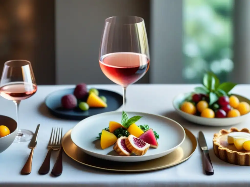 Una mesa exquisitamente preparada con combinaciones vino comida sin gluten: vinos rosados vibrantes y platos deliciosos