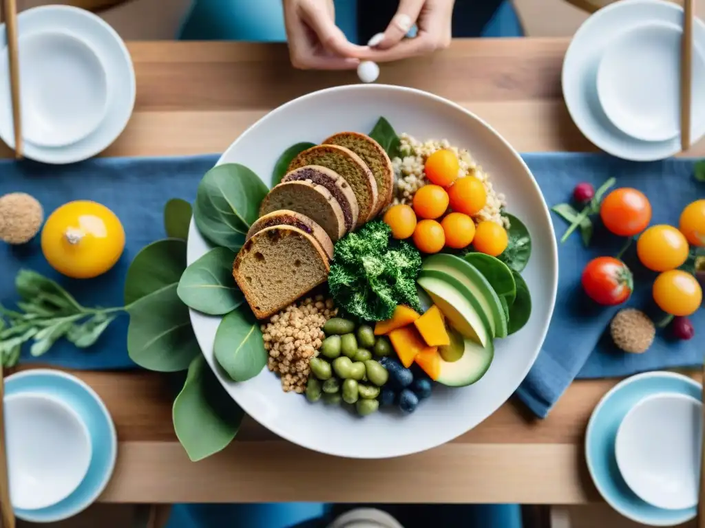 Una mesa elegantemente preparada con deliciosos platos veganos sin gluten, irradiando abundancia y comunidad