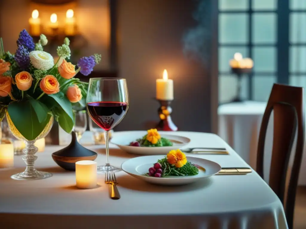 Una mesa elegantemente preparada con exquisitos platillos sin gluten maridados con vinos, creando un ambiente lujoso y acogedor