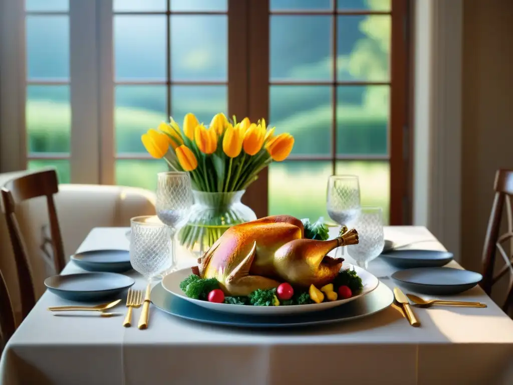 Una mesa elegantemente preparada con platos sin gluten, cubiertos brillantes y flores frescas, crea un ambiente sofisticado y acogedor