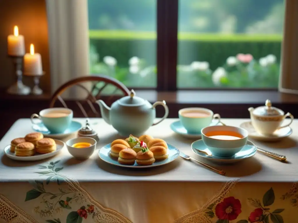 Una mesa hermosamente preparada para una tarde de té sin gluten, con pasteles delicados y tazas elegantes sobre un mantel floral