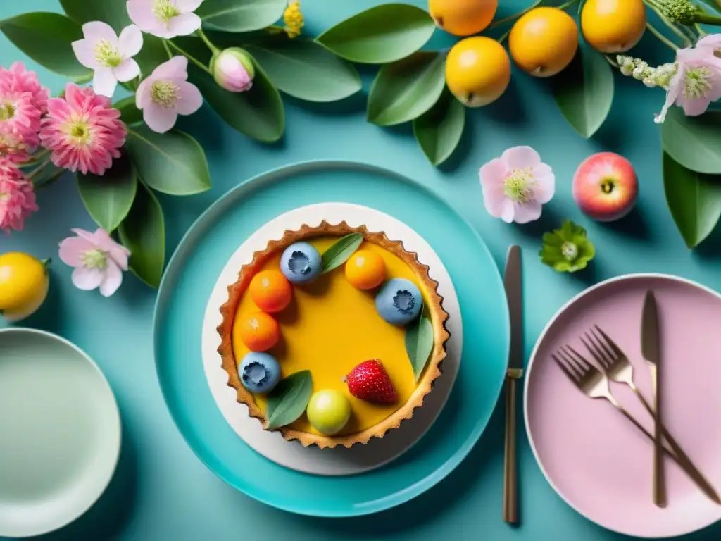 Una mesa primaveral con vibrantes tartas sin gluten rodeadas de flores en tonos pastel