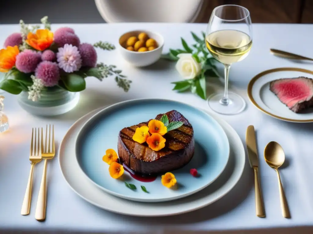 Una mesa elegantemente puesta con un menú gourmet sin gluten innovador que invita a una experiencia culinaria sofisticada