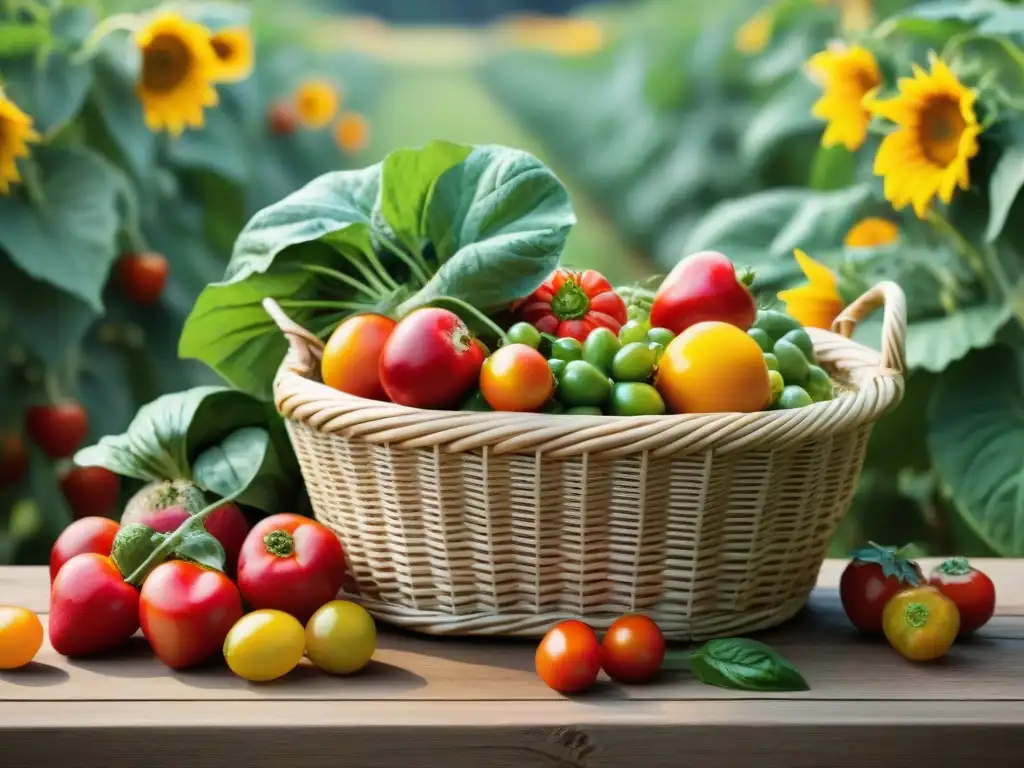 Una mesa rebosante de frutas y verduras frescas, colores vibrantes bajo el sol