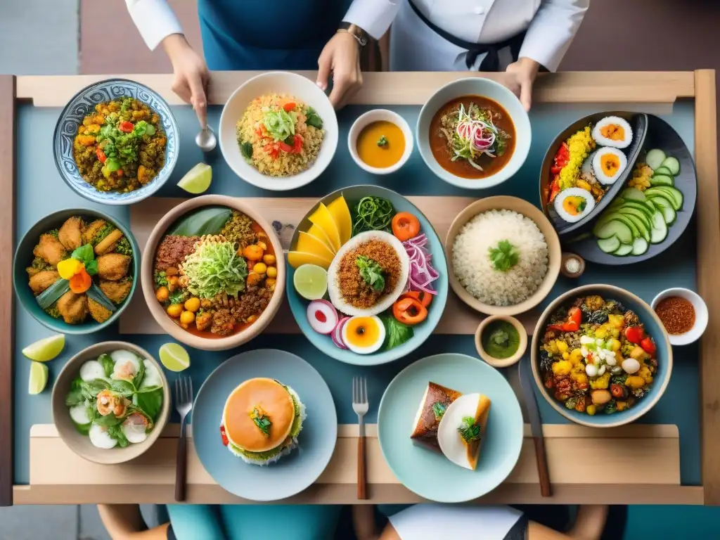 Una mesa repleta de deliciosos platillos de cocina internacional sin gluten, en un mercado multicultural bullicioso