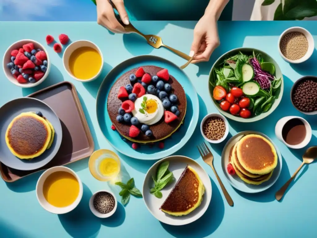 Una mesa repleta de deliciosos platos sin gluten engañosos: ensalada fresca, stirfry de quinua, pastel de chocolate y pancakes con frutos rojos