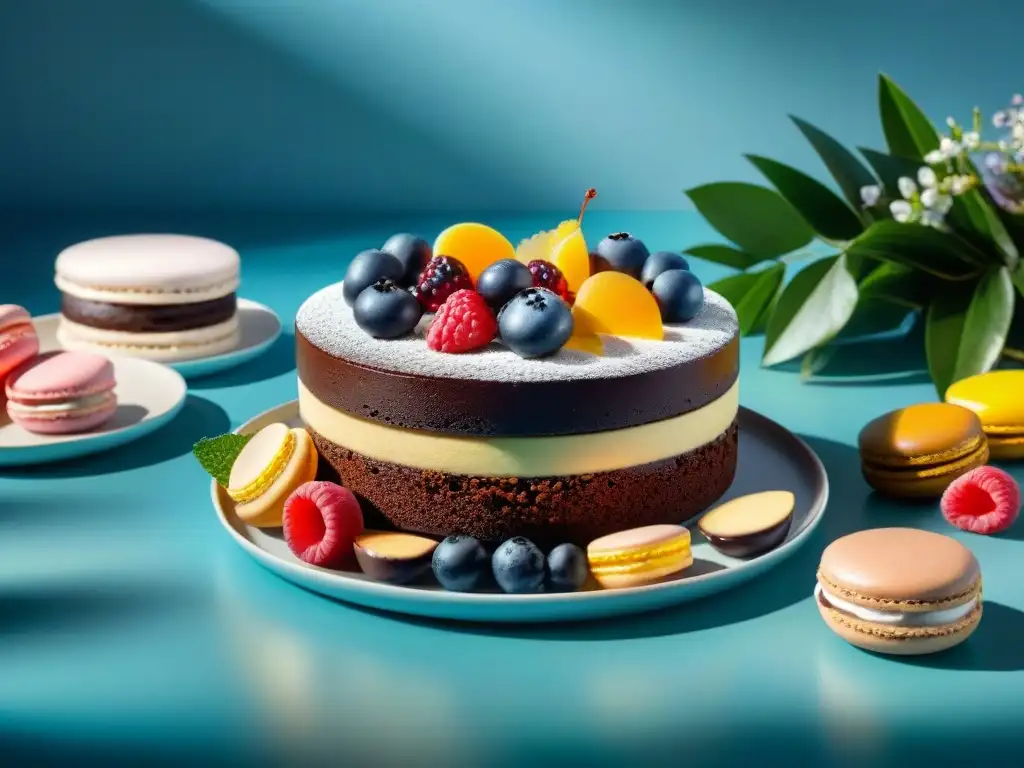 Una mesa repleta de exquisitos postres sin gluten para atletas: pastel de chocolate, macarons y tarta de frutas, presentados con elegancia