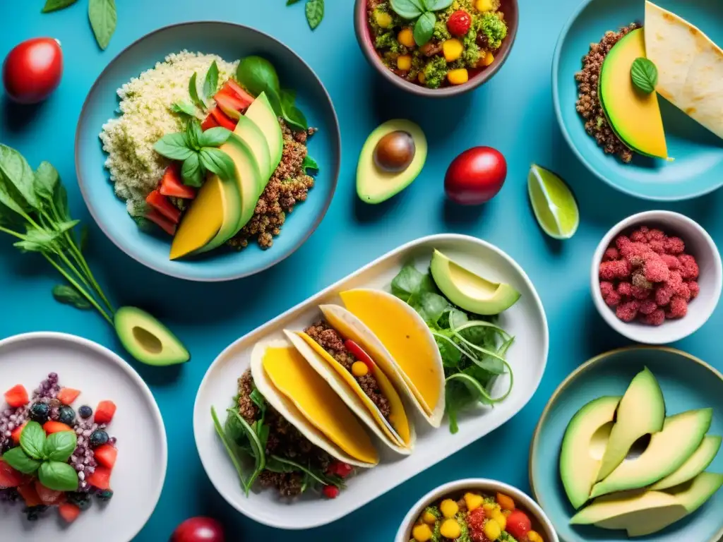 Una mesa repleta de Recetas sin gluten innovadoras, como quinoa, aguacate, tacos y frutas coloridas