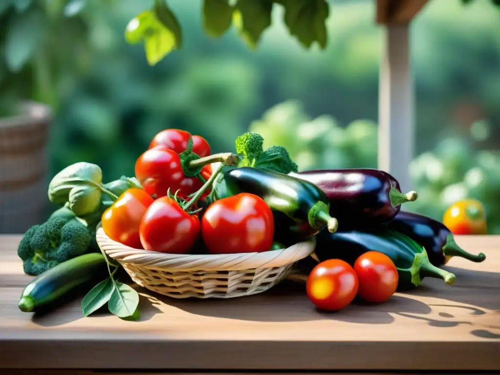 Una mesa rústica al aire libre con vegetales frescos y coloridos, siendo preparados para una receta auténtica ratatouille sin gluten