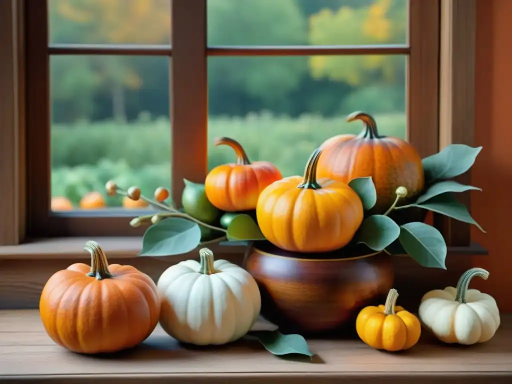 Una mesa rústica con calabazas de diferentes formas y tamaños, rodeada de hojas otoñales vibrantes