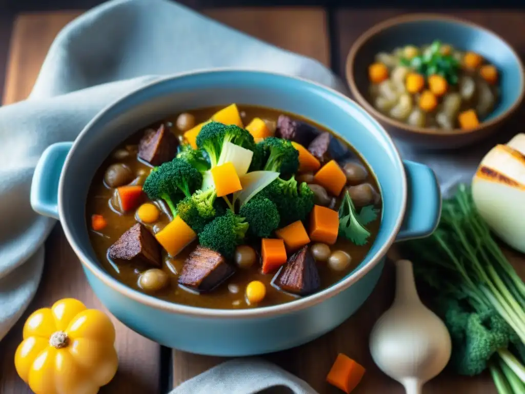 Una mesa rústica de cocina lista para una cena acogedora, con una olla lenta burbujeante de estofado sin gluten rodeada de ingredientes frescos