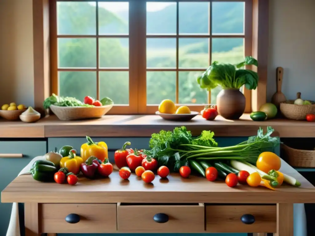 Una mesa rústica de cocina con verduras y frutas coloridas