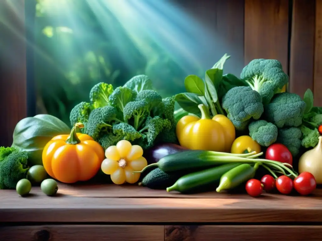 Una mesa rústica con coloridas frutas y verduras frescas, iluminadas por el sol