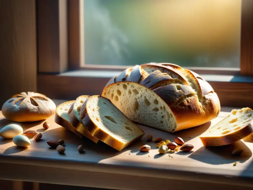 Una mesa rústica cubierta de pan sin gluten recién horneado con semillas, hierbas y nueces, iluminada por el sol