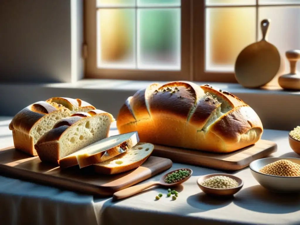 Una mesa rústica cubierta de pan sin gluten recién horneado, con semillas y granos coloridos