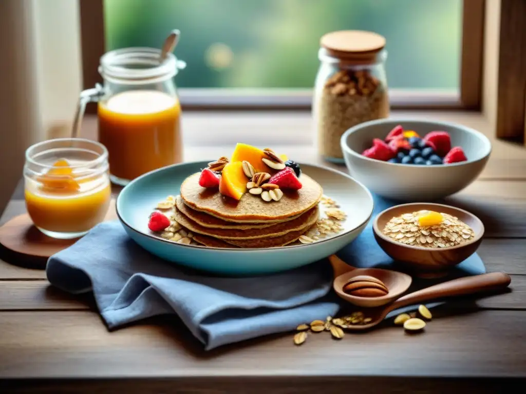 Una mesa rústica con deliciosas recetas sin gluten con avena, bañadas por la cálida luz matutina