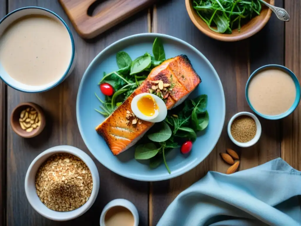 Una mesa rústica con deliciosos platillos de almendras sin gluten y almendras frescas esparcidas