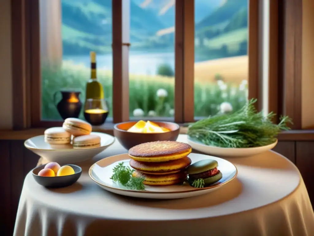 Una mesa rústica con exquisitas recetas sin gluten estilo suizo, bañadas por la cálida luz del sol