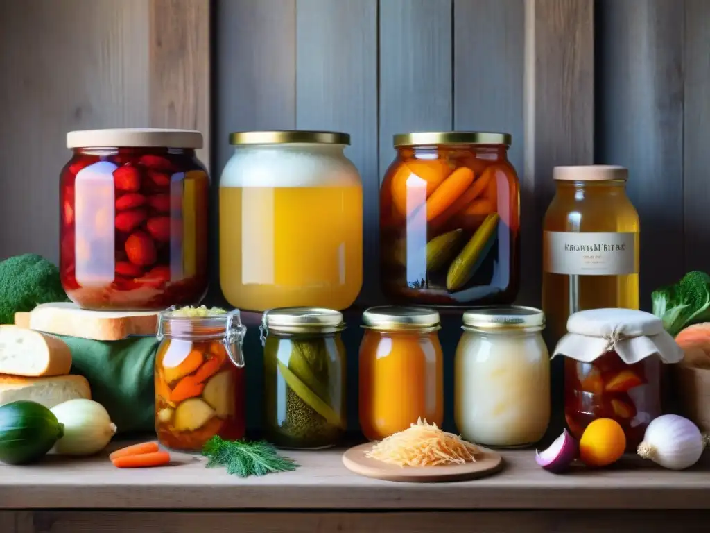 Una mesa rústica con fermentados variados: kimchi, kombucha, pan de masa madre y chucrut colorido