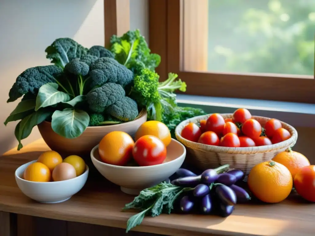 Una mesa rústica con frutas y verduras orgánicas coloridas en cestas y cuencos de cerámica