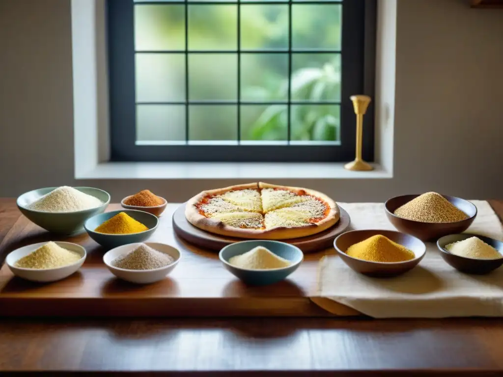 Una mesa rústica con harinas alternativas sin gluten en bowls de vidrio, iluminadas por la luz matutina