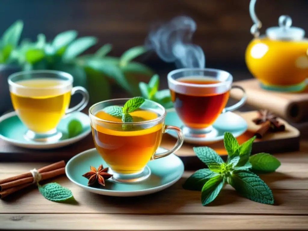 Una mesa rústica con infusiones sin gluten en elegantes tazas de cristal, acompañadas de menta, limón y canela