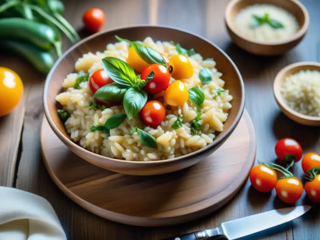 Una mesa rústica con ingredientes frescos para risotto sin gluten