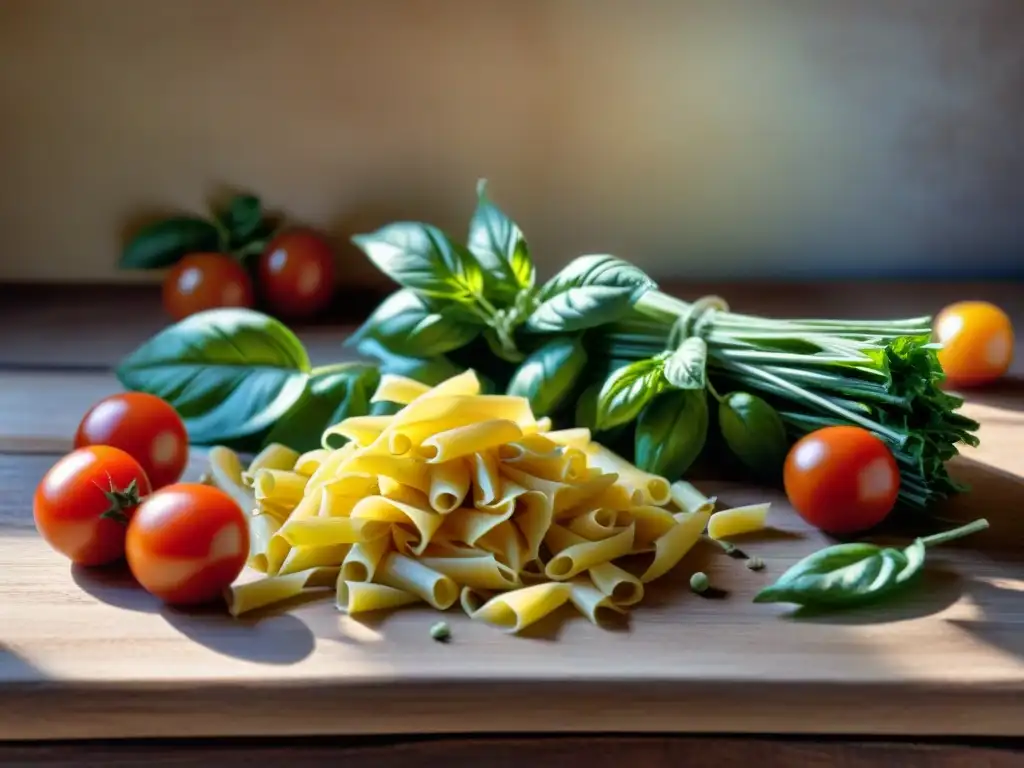 Una mesa rústica con ingredientes para recetas de pasta sin gluten: tomates, albahaca, ajo, aceite de oliva y harina sin gluten