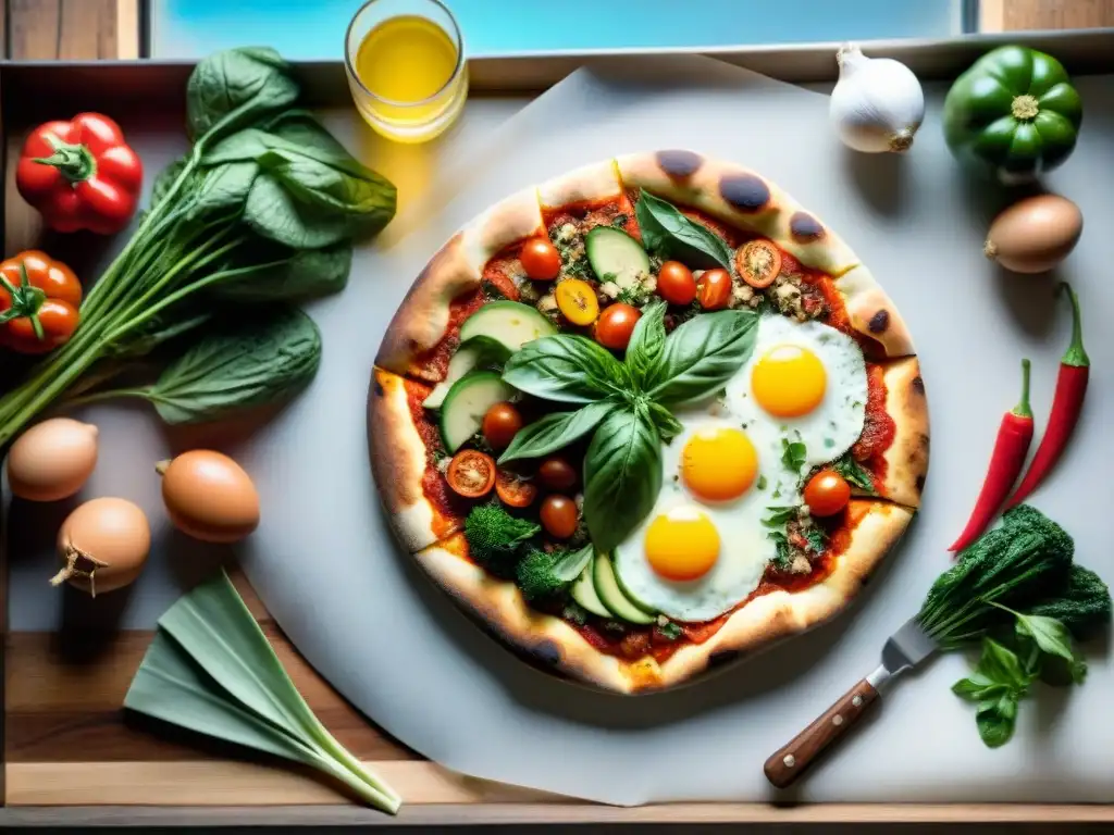 Una mesa rústica con ingredientes vibrantes para recetas pizza paleo sin gluten