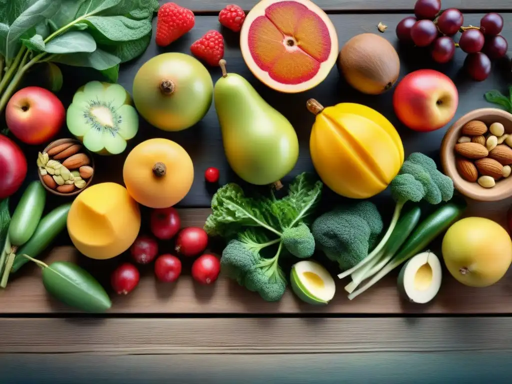 Una mesa rústica llena de frutas y verduras coloridas, nueces y semillas, en una escena apetitosa de la dieta paleo sin gluten recetas