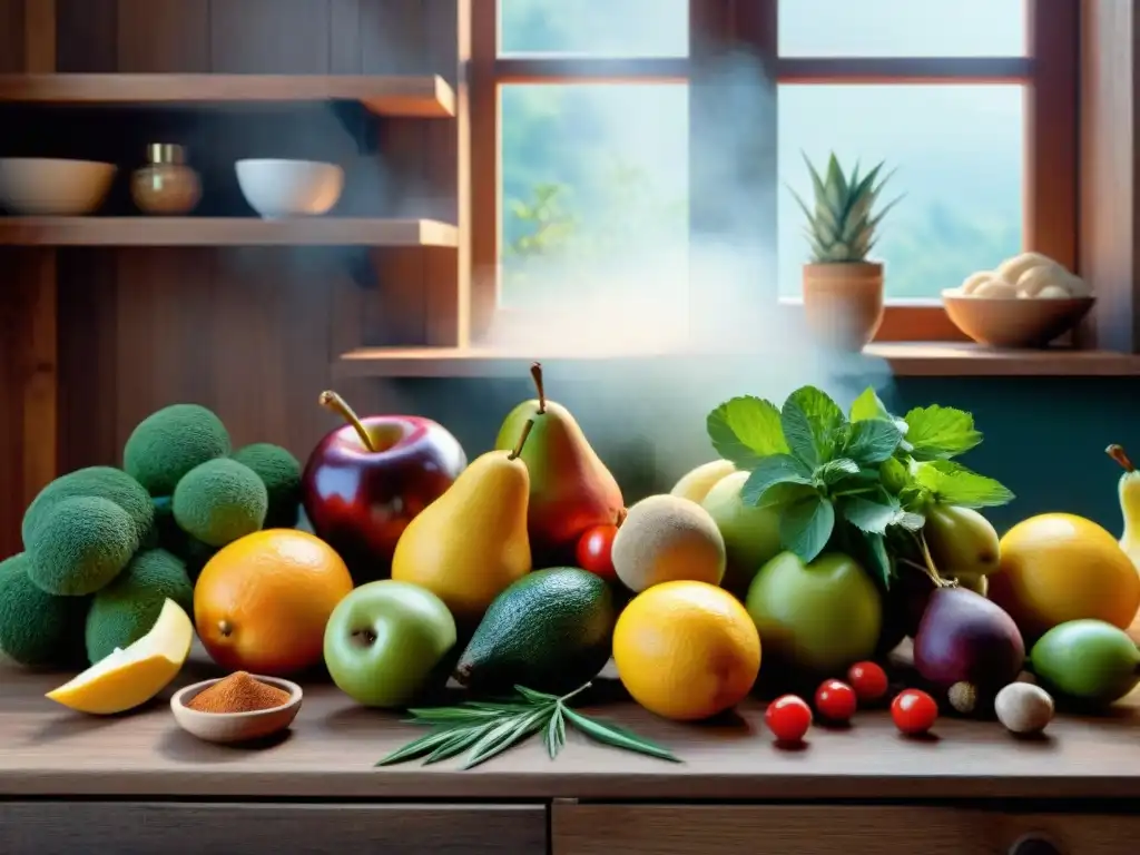 Una mesa rústica llena de ingredientes orgánicos coloridos, bañados por la luz solar