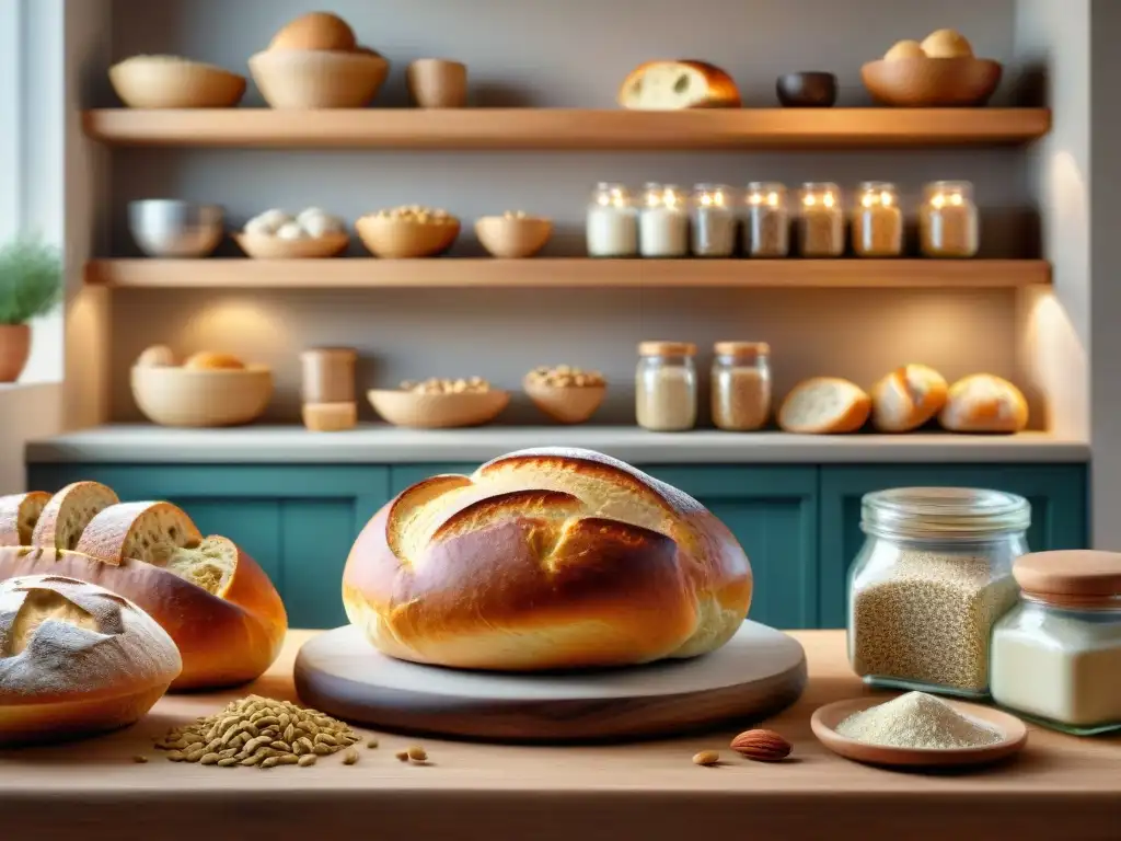 Una mesa rústica llena de pan sin gluten recién horneado, resaltando texturas y colores