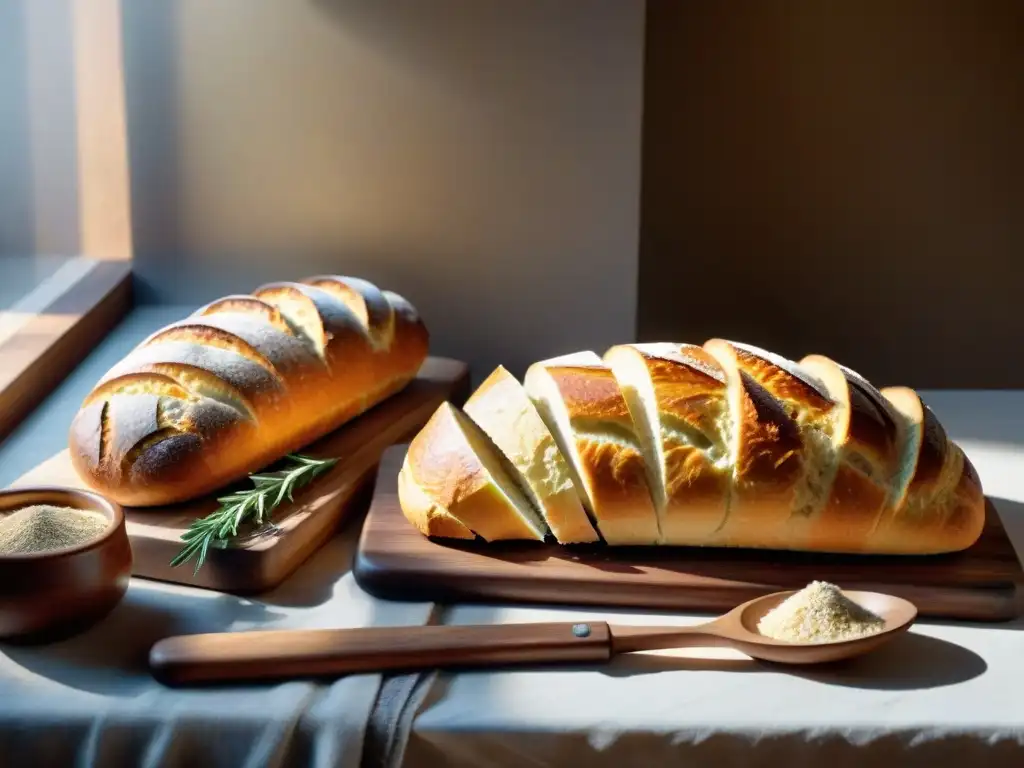 Una mesa rústica llena de panadería sin gluten artesanal: baguettes doradas, bollos y croissants, decorados con romero y harina