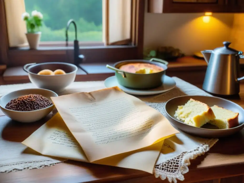 Una mesa rústica llena de recetas familiares sin gluten tradicionales en tarjetas amarillentas, bajo la luz cálida del sol