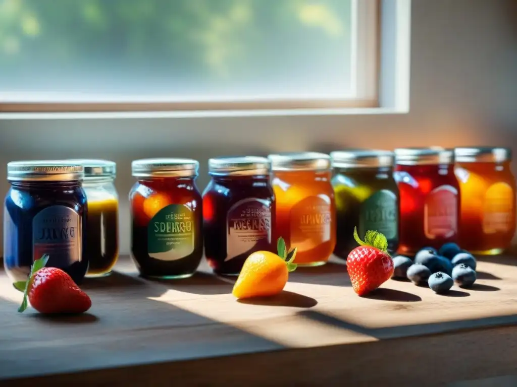 Una mesa rústica llena de tarros de mermeladas fermentadas coloridas, con frutas frescas alrededor